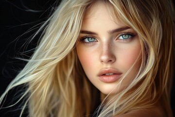 Fototapeta premium Close-up portrait of a young woman with flowing blonde hair, clear blue eyes, and natural makeup, expressing calm and intensity