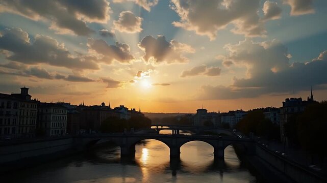 Bridge over wide river under cloudy sky at sunset. Clip