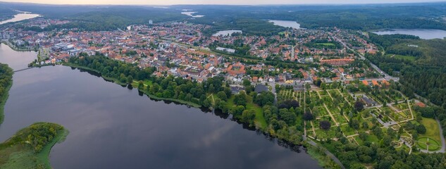 Aerial panorama of the downtown of the city Silkeborg in Denmark on a sunny summer day.