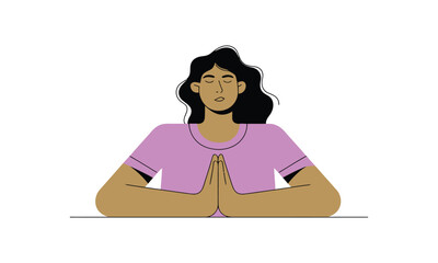 Illustration of person meditating with hands together and eyes closed, symbolizing mindfulness, inner peace, and emotional self-care