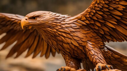 A wooden sculpture of a majestic eagle