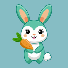 Cute teal bunny holding a carrot on a blue background