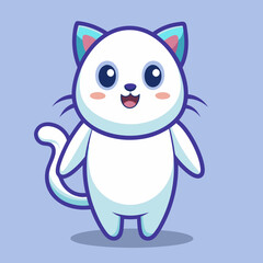 Cute cartoon white cat with blue ears and big eyes