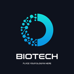 A modern and futuristic logo design for biotech and technology companies, featuring a stylized letter "O" with an abstract molecule or DNA structure. The design uses a dynamic blue gradient, symbolizi