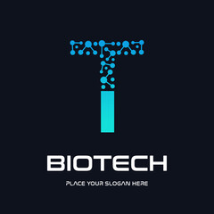 A modern and futuristic logo design for biotech and technology companies, featuring a stylized letter "T" with an abstract molecule or DNA structure. The design uses a dynamic blue gradient, symbolizi