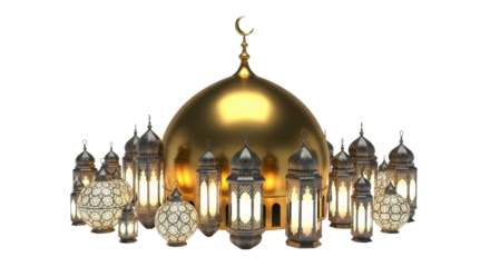 A golden mosque dome with an Islamic crescent moon surrounded by glowing, ornate Arabic lanterns.