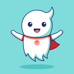 Cute cartoon ghost character with a superhero cape and a happy smile