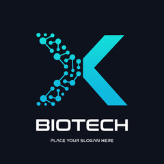 A modern and futuristic logo design for biotech and technology companies, featuring a stylized letter "X" with an abstract molecule or DNA structure. The design uses a dynamic blue gradient, symbolizi