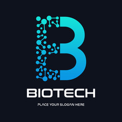 A modern and futuristic logo design for biotech and technology companies, featuring a stylized letter "B" with an abstract molecule or DNA structure. The design uses a dynamic blue gradient, symbolizi