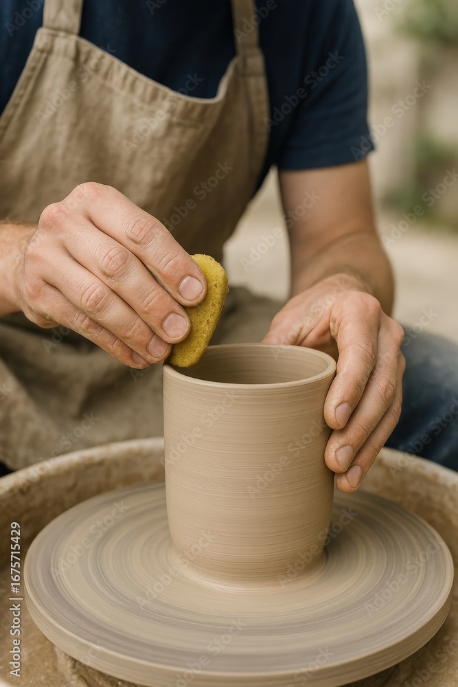 Poster performance in creation labor concept. Craftsman shaping pottery on a wheel with a sponge in hand.