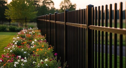 Black Metal Fence with Colorful Flowers in Garden.