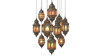 A beautiful chandelier of ornate, illuminated Moroccan-style lanterns hanging together against a white background.