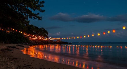Fototapeta premium Secluded beach glowing with vibrant lanterns, colorful reflections on water