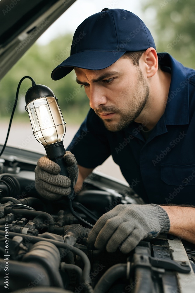 Poster performance in creation labor concept. mechanic inspecting a car engine with a lamp in a garage sett