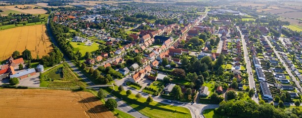 Aerial panorama of the downtown of the city Tyrstrup in Denmark on a sunny summer day.