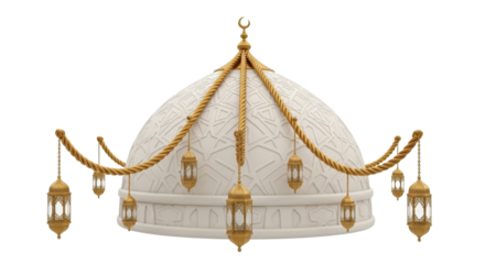 Ornate Islamic dome adorned with decorative golden lanterns and crescent moon symbol, evoking religious and cultural themes.
