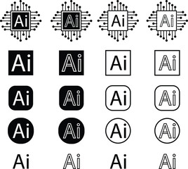 Artificial intelligence AI icon set collection group in black flat and line style, technology logo pack, outline symbol bundle, minimal glyph assortment, modern digital design elements