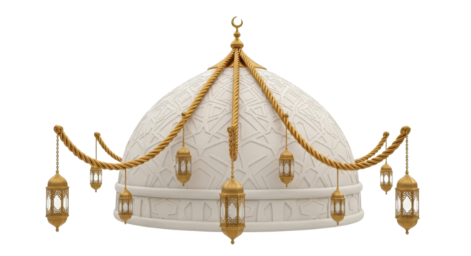 Ornate Islamic dome adorned with decorative golden lanterns and crescent moon symbol, evoking religious and cultural themes.