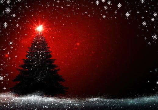 Snow-covered Christmas tree glowing with bright red star topper on a snowy ground under falling snowflakes against a dark red background - Powered by Adobe