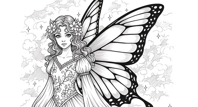Butterfly Winged Fairy Coloring Page for Adults and Children.