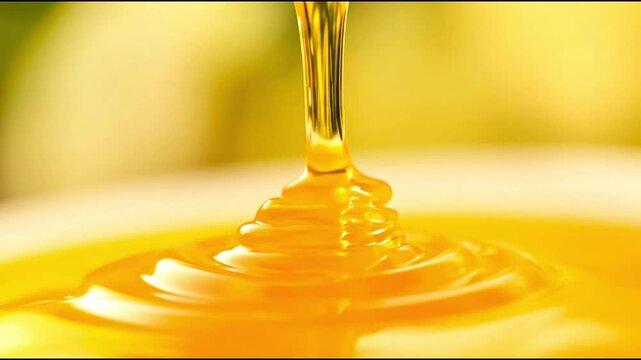 Gleaming honey being poured rippling the pool below with golden light