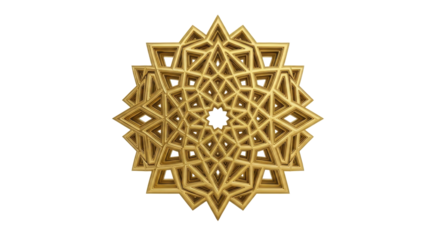 Golden geometric starburst design, symmetrical and intricate, radiating outwards from a central point on a white background.