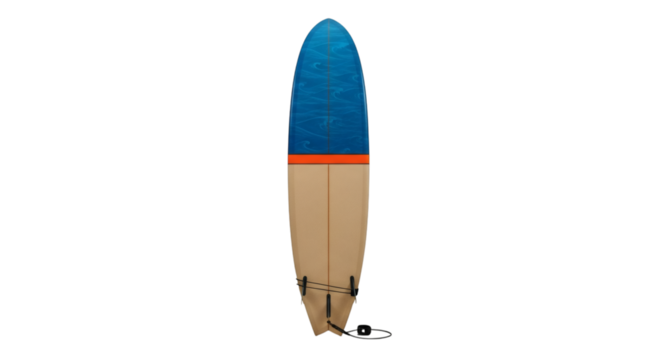 Unique surfboard with blue swirl design ready for ocean adventure, isolated against a black background showing unique craftsmanship.