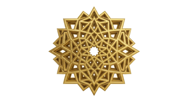 Golden geometric starburst design, symmetrical and intricate, radiating outwards from a central point on a white background.
