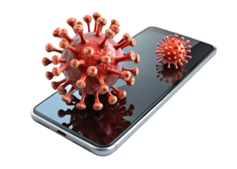 3d virus in front of a mobile png image on transparent background