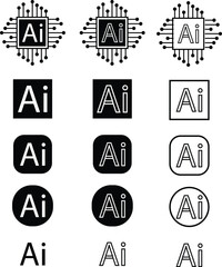 Artificial intelligence AI icon set collection group in black flat and line style, technology logo pack, outline symbol bundle, minimal glyph assortment, modern digital design elements