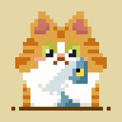 Cute Pixel Art Cat with Fish Illustration Vector