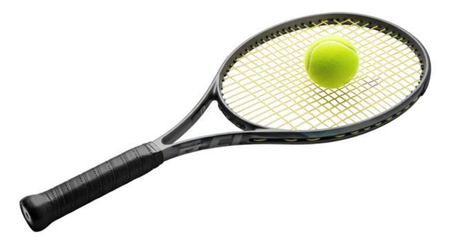 Close-up image of a modern tennis racket with tennis ball on black seamless background in a studio