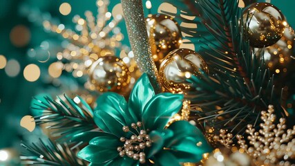 Decoration features a stunning teal and gold flower among shimmering ornaments. Glowing bokeh lights create a magical ambiance. Concept of holiday celebrations, event planning, festive decor