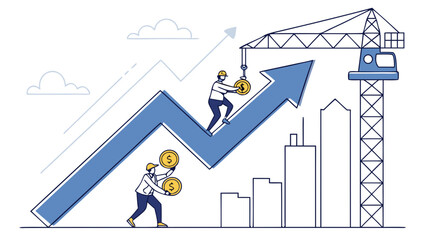 Building financial growth with coins and a crane