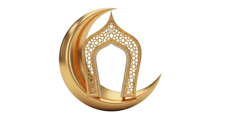 A golden crescent moon cradles an ornate archway, symbolizing Islamic faith and culture.