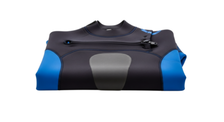 Folded wetsuit with blue accents displays professional aquatic wear against a stark black background, creating visual contrast