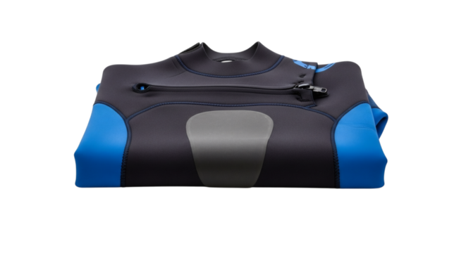 Folded wetsuit with blue accents displays professional aquatic wear against a stark black background, creating visual contrast