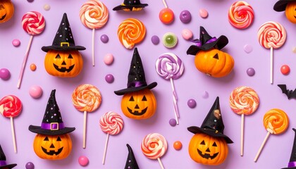 Halloween flat lay with pumpkins, candies, and witch hats on pastel purple background.