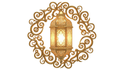 A glowing golden Arabic lantern surrounded by an ornate, intricate filigree scrollwork frame.