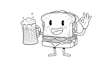 A happy sandwich holding a foamy beer mug giving an okay hand gesture with a smile