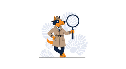 An animated dog detective wearing a trench coat and fedora inspects with a magnifying glass