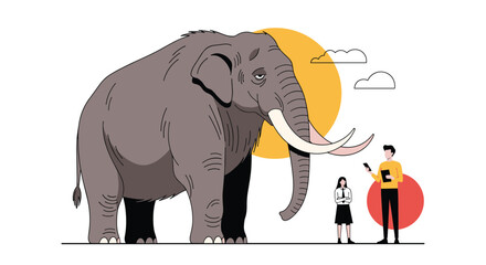 Massive elephant standing next to tiny people illustrates huge scale difference and impactful presence