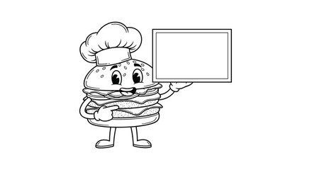 Friendly burger character wearing a chef hat holding a blank signboard for menu or advertisement ideas for fast food restaurants and cafes
