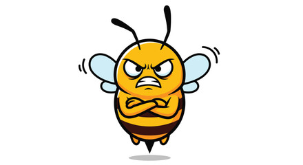 Fierce angry cartoon bumblebee character hovering with crossed arms and grumpy expression ready for action and fierce defense