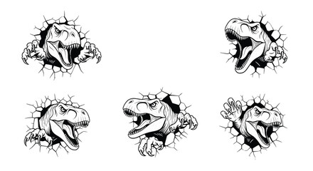 Fierce dinosaur head breaks through wall cracked design roaring with sharp teeth and claws dinosaur graphics for tshirts and apparel