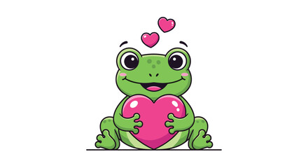 Obraz premium Adorable green frog hugging a pink heart with love bubbles floating above its head