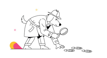 Obraz premium Illustrating canine detective investigation tracking footprints with magnifying glass and detective hat