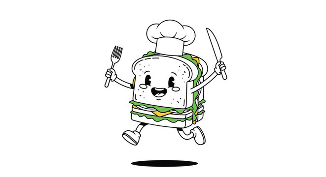 Adorable cartoon sandwich character with chef hat holding fork and knife ready to eat delicious food