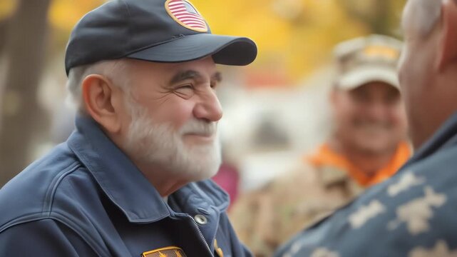 Elderly man with beard wearing baseball cap with US flag and blue jacket