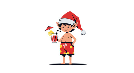 Happy elf enjoying a tropical drink on vacation wearing christmas hat and beach shorts
